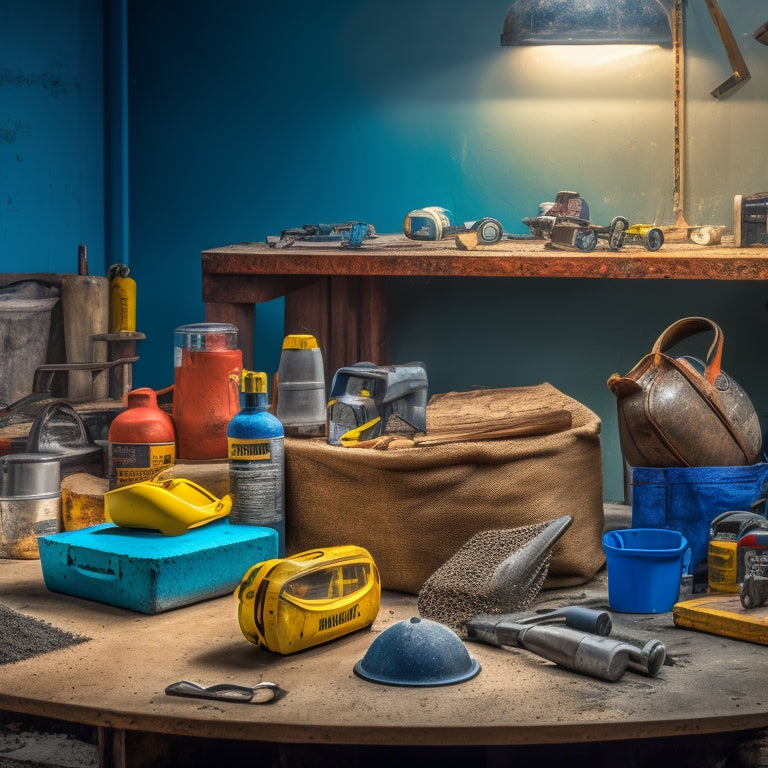 A cluttered workshop table with a half-finished concrete bench, surrounded by essential tools like a mixer, trowel, level, and safety goggles, amidst a backdrop of concrete mix bags and power tools.