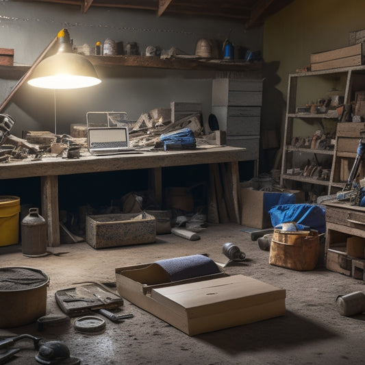 A cluttered workshop background with a laptop in the center, surrounded by various used concrete laying tools like trowels, floats, and edgers, with a few open boxes and packing materials scattered around.