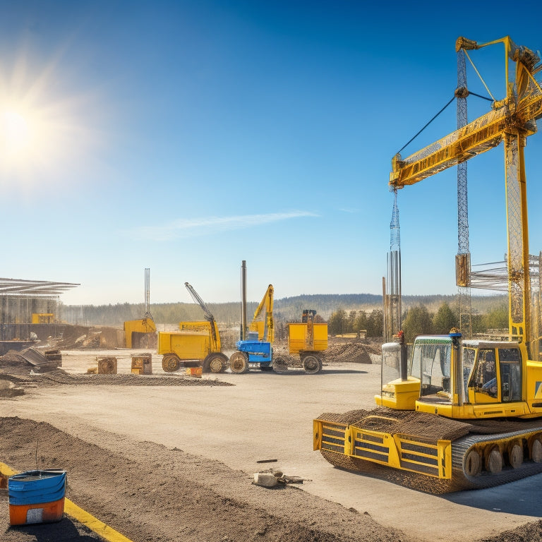 A construction site with a half-built concrete structure, surrounded by various safety tools and equipment, including hard hats, safety glasses, respirators, and steel-toed boots, against a bright blue sky.