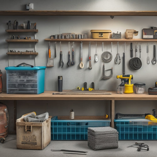 A clutter-free workshop with a organized pegboard, a toolbox filled with wrenches, pliers, and screwdrivers, and a shelf with buckets of concrete mix, surrounded by a clean concrete floor.