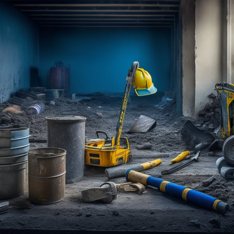 A cluttered construction site with a partially demolished concrete slab, surrounded by essential tools: a jackhammer, pry bars, a demolition hammer, a shovel, and safety gear like hard hats and gloves.