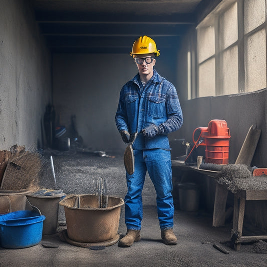 An image of a person wearing safety goggles and gloves, standing in front of a cracked concrete wall, surrounded by various tools including a trowel, wire brush, and concrete patching compound.