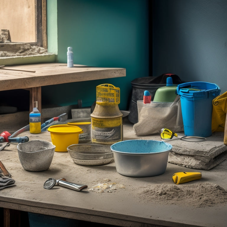 A cluttered workshop table with a mixing bucket, trowel, level, gloves, safety goggles, and a cement bag in the background, surrounded by scattered concrete finishing tools and a small partially poured concrete slab.