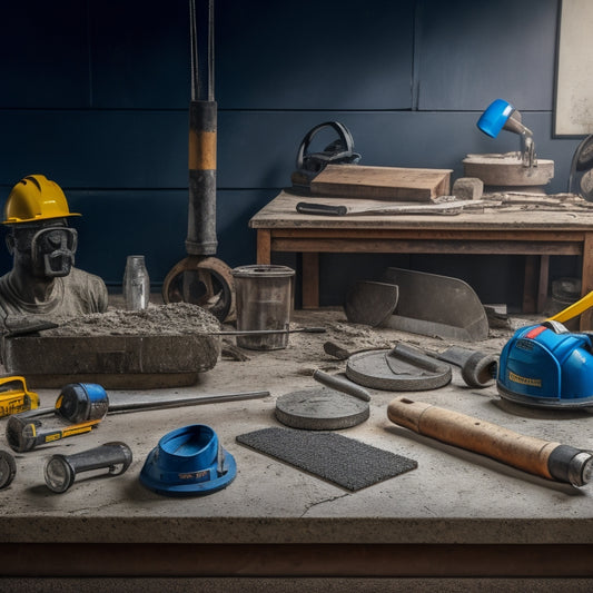 A cluttered workshop table with various concrete cutting tools: a diamond blade saw, a concrete mixer, a demolition hammer, a chisel set, and safety goggles scattered around a partially cut concrete slab.