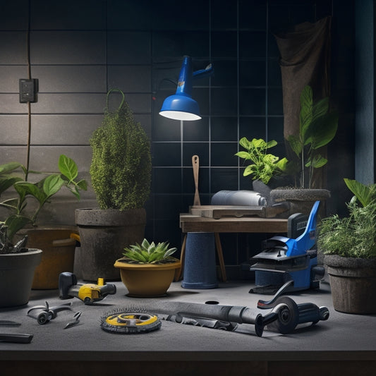 A well-lit, organized workshop background with three concrete planters of varying sizes, and three cutting tools: a circular saw, an angle grinder, and a diamond blade wet saw, each positioned beside a planter.