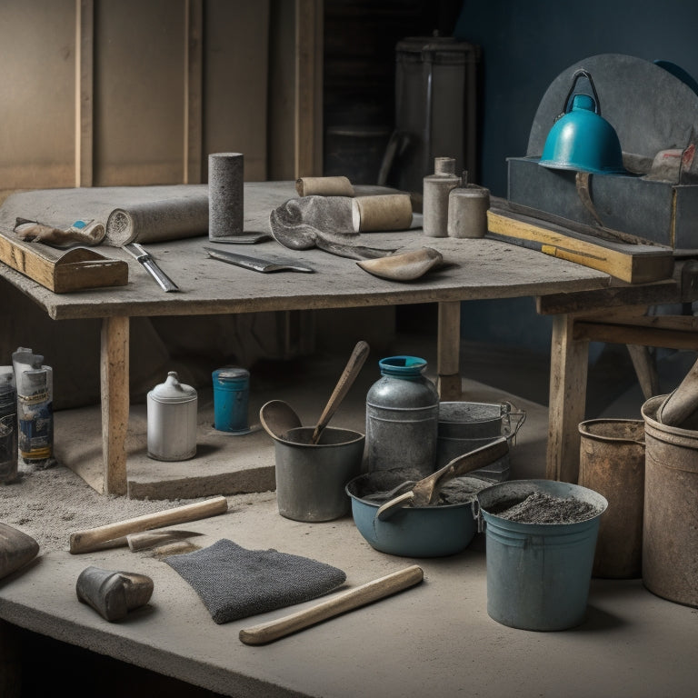 A tidy workshop table with a variety of concrete tools laid out, including a trowel, level, edger, and gloves, surrounded by a few scattered concrete mix bags and a small bucket.