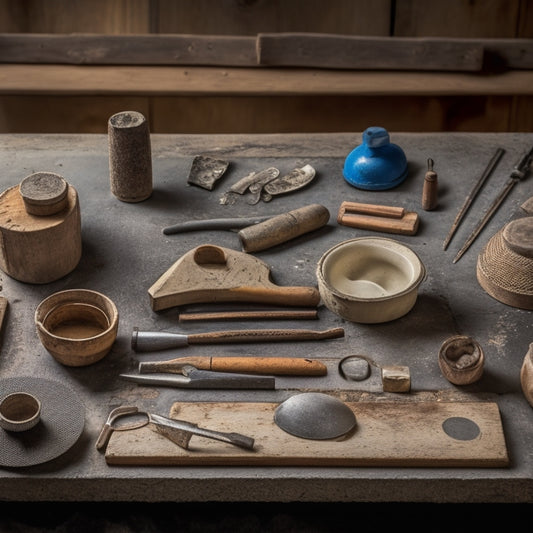 A tidy workshop table with a beginner's assortment of concrete hand tools, including a trowel, level, edger, jointer, and float, arranged in a circular pattern on a worn wooden surface.