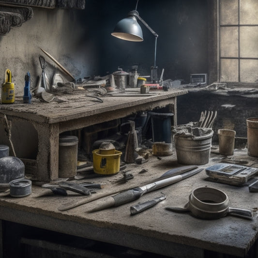 A cluttered workbench with a cracked concrete wall sample, surrounded by essential tools: a drill, mixing bucket, trowel, level, safety goggles, and a putty knife, with a subtle background of a construction site.