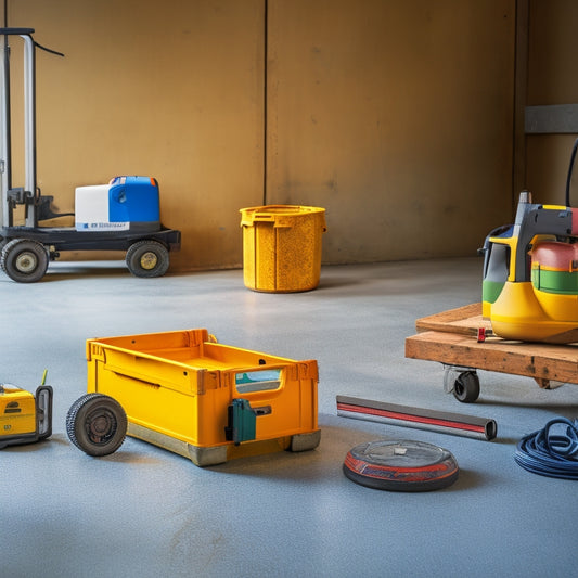 A photograph of a concrete floor with uneven surfaces, cracks, and dips, alongside various tools such as a laser level, spirit level, and grout pump, arranged on a wheeled cart or toolbox.