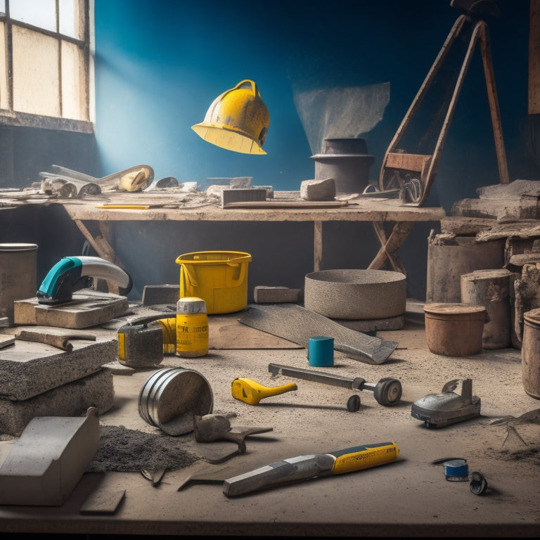 A cluttered workshop table with various concrete cutting tools scattered around, including a circular saw, diamond blade, concrete mixer, and safety goggles, amidst a backdrop of cut concrete blocks and dust.