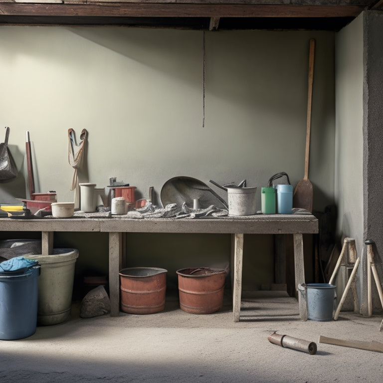 A messy workshop backdrop with a partially built DIY wall, surrounded by various concrete mixing tools, including a mixing bucket, trowel, level, and wheelbarrow, with a few scattered concrete blocks.