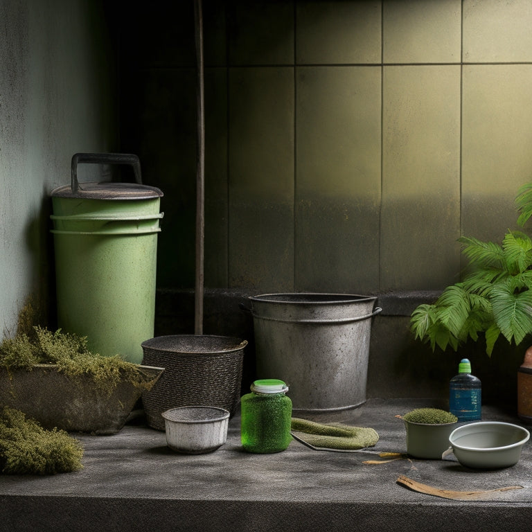 A dirty concrete wall with visible stains, moss, and mildew; adjacent to it, a bucket, scrub brush, pressure washer, and eco-friendly cleaning products, arranged in a neat and organized manner.