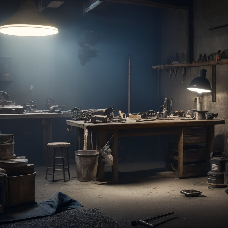 A dimly lit, industrial workshop with a variety of high-gloss concrete finish tools scattered across a worn, wooden workbench, surrounded by half-finished concrete slabs and scattered dust particles.