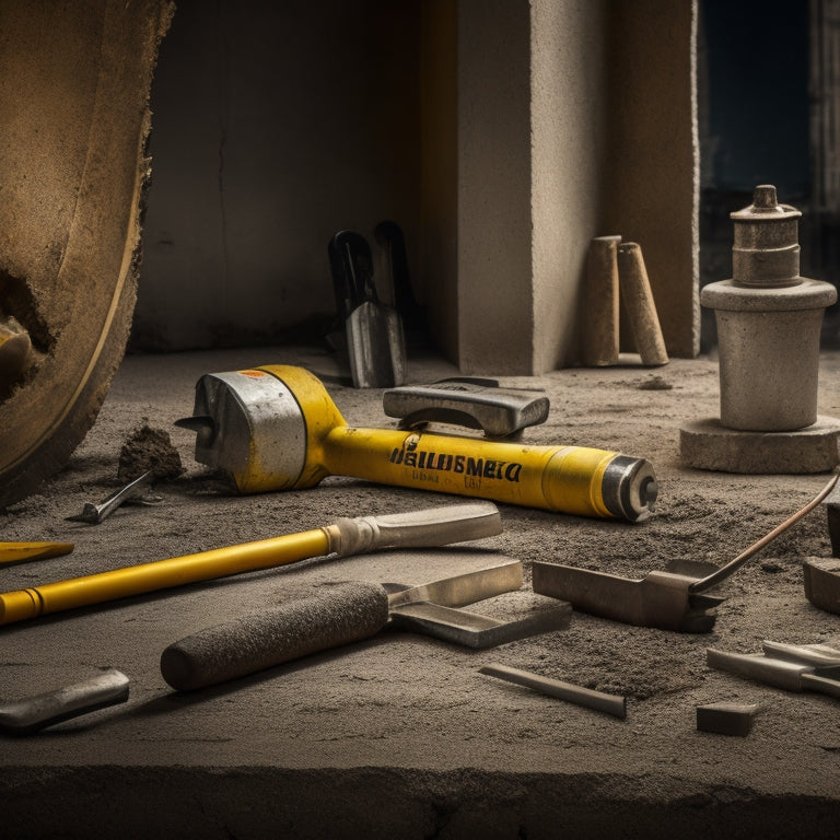 A dramatic, high-contrast image featuring a variety of concrete-breaking tools, including a jackhammer, demolition hammer, and sledgehammer, arranged on a rough, cracked concrete surface.