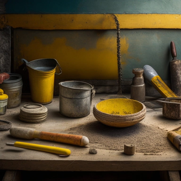 A messy workspace with a partially poured concrete slab, surrounded by three prominent tools: a rusty trowel with worn wooden handle, a sturdy edger with metal teeth, and a level with a bright yellow stripe.