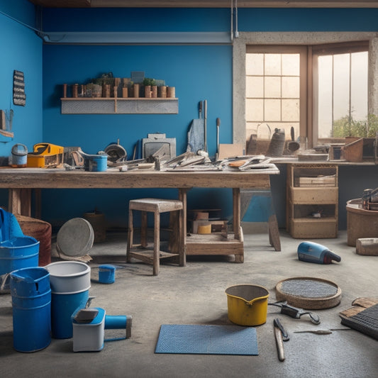 A cluttered but organized workshop with various tools scattered on a workbench, including a notched trowel, grout float, and bucket of concrete tile adhesive, surrounded by concrete tiles and a half-installed floor.