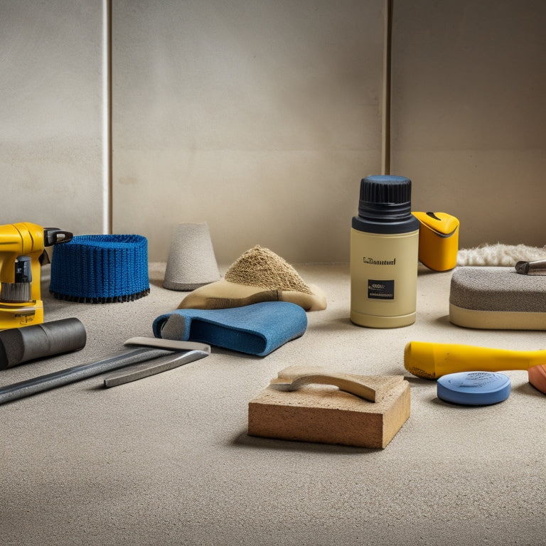 A close-up of various sanding tools, including orbital sanders, belt sanders, and sanding blocks, laid out on a rough concrete wall with dust and debris scattered around.