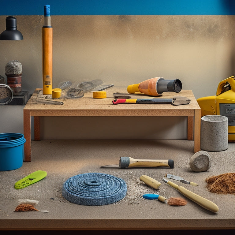 A clutter-free workspace with various finishing tools, including a handheld grinder, trowel, edger, and level, arranged on a small concrete slab surrounded by scattered concrete dust and pebbles.