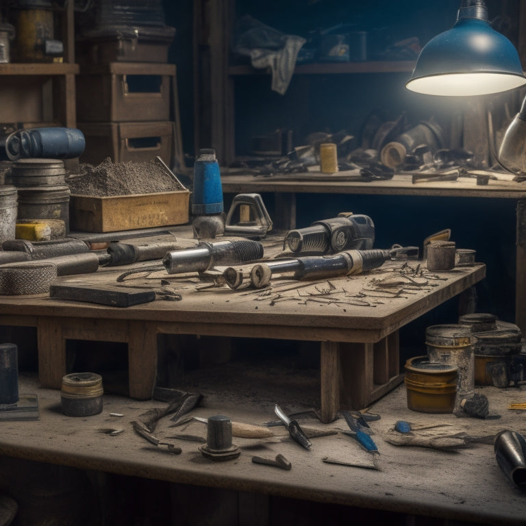 A cluttered workbench with various rotary tools, concrete drills, and cutting accessories scattered around, with a partially drilled concrete slab in the center, surrounded by dust and debris.