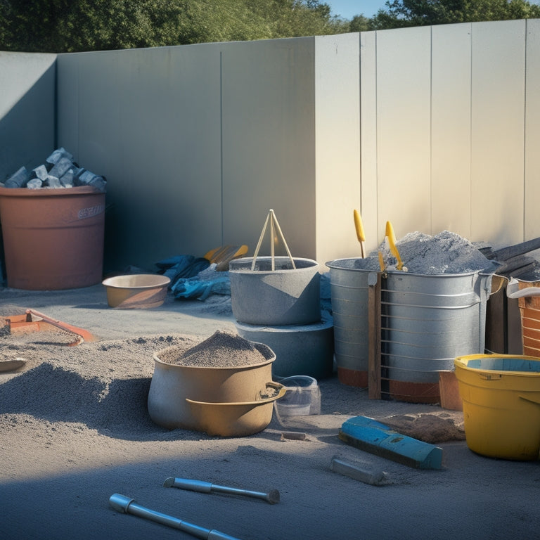 A construction site with a partially installed concrete fence, showcasing a level, trowel, mixer, and other essential tools scattered around a mixing bucket and a pile of concrete blocks.