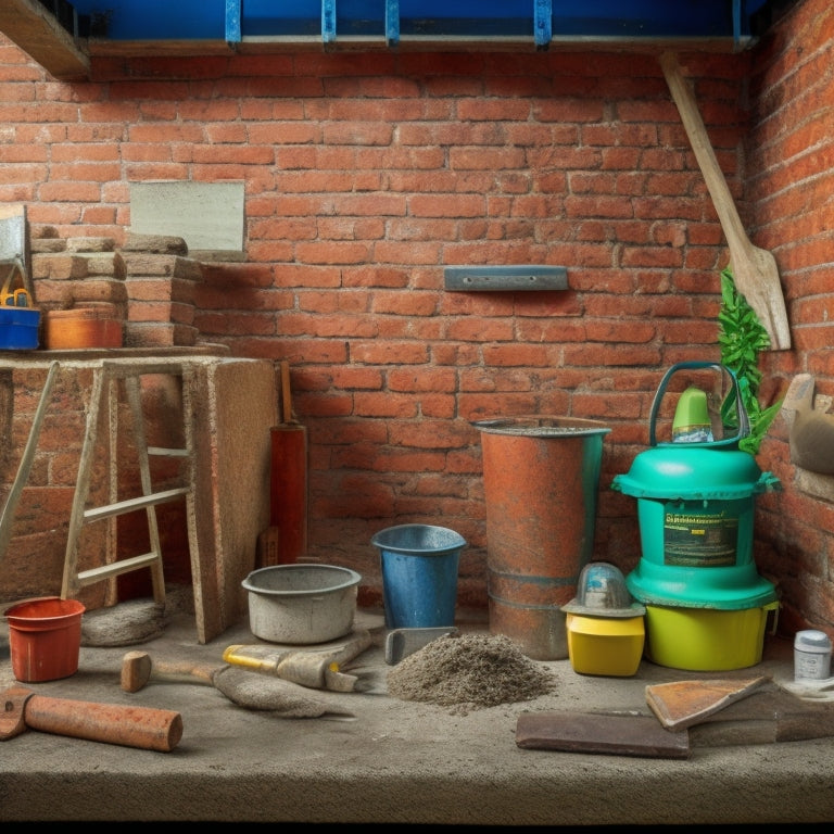 A photograph of a construction site featuring a half-built concrete masonry wall, with various tools and equipment scattered around, including a level, trowel, and bucket of mortar, amidst a backdrop of bricks and scaffolding.