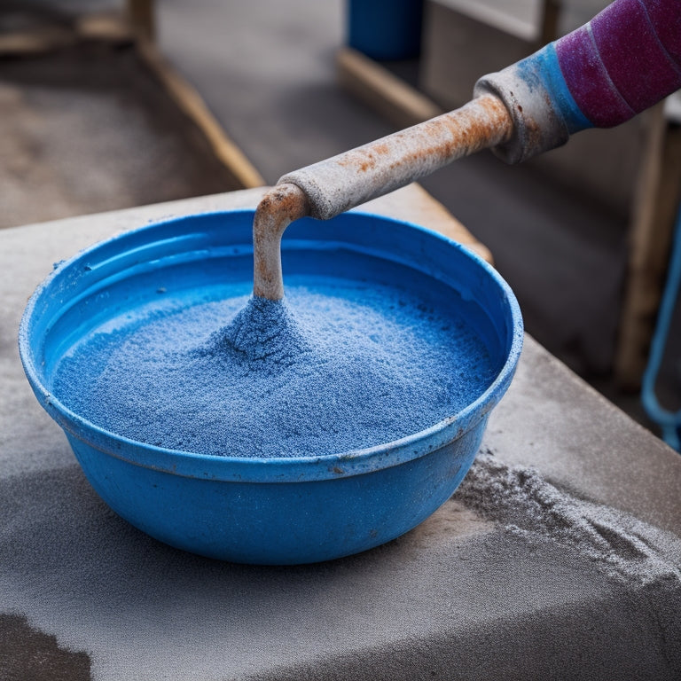 A close-up of a worker's hands holding a dirty concrete trowel, with dried concrete residue and rust spots, next to a clean bucket of water and a scrub brush, set against a bright blue background.