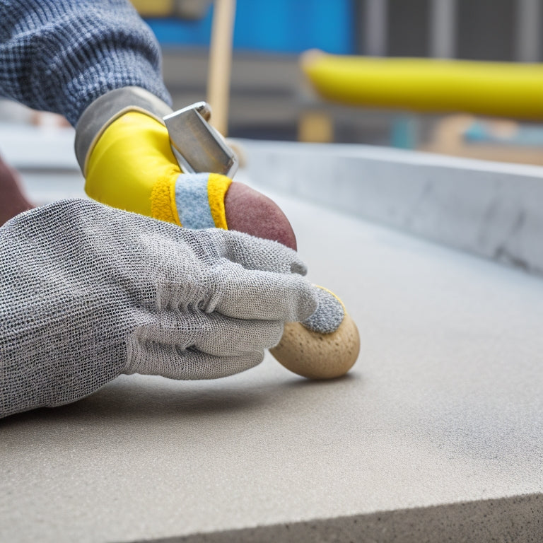 A close-up image of a worker's gloved hand holding a concrete adhesion tool, with a blurred concrete surface in the background, and a faint outline of a building under construction.