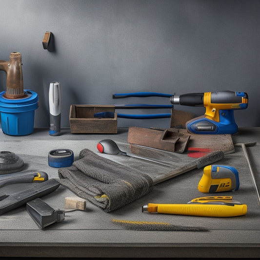 A neatly organized workstation with a concrete repair tool kit, featuring a mix of handheld tools (trowels, scrapers, and floats) alongside a few power tools (drills and grinders) on a gray concrete background.