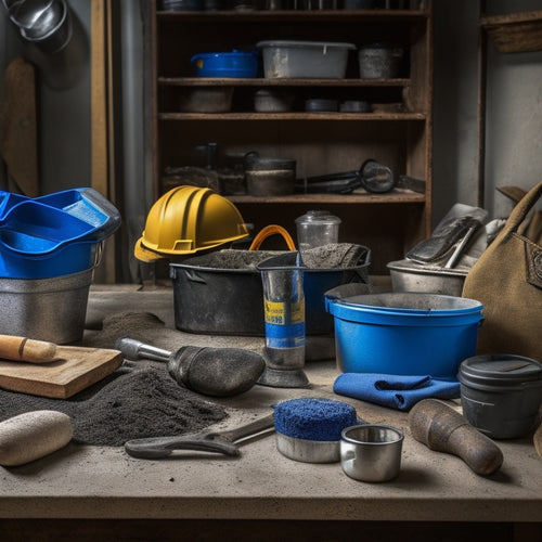 A cluttered workbench with a mixing bucket, trowel, level, gloves, safety goggles, and a bag of concrete mix in the background, with a few scattered tools and a measuring cup in the foreground.