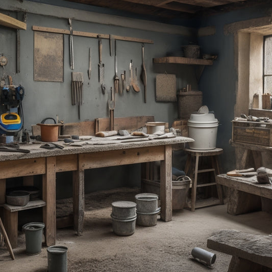 A cluttered workshop backdrop with a central workbench, surrounded by various concrete plastering tools: a mixing bucket, trowels, floats, edgers, and a level, with a partially plastered wall in the foreground.