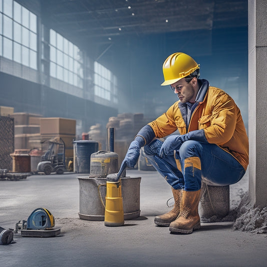 An image of a person in a yellow hard hat and gloves, kneeling on a polished gray sealed concrete floor, surrounded by various tools and equipment, with a subtle background of a warehouse or industrial setting.