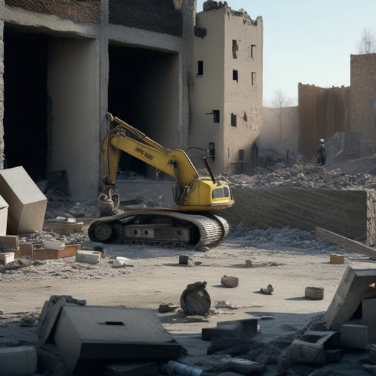 A cluttered construction site with broken concrete blocks, scattered debris, and various tools scattered around, including a jackhammer, pry bars, and a demolition robot in the background.