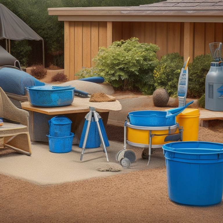 A well-organized workspace with a concrete mixer, trowels, edgers, and jointing tools laid out on a blue tarp, surrounded by patio pavers, sand, and a partially completed concrete patio in the background.