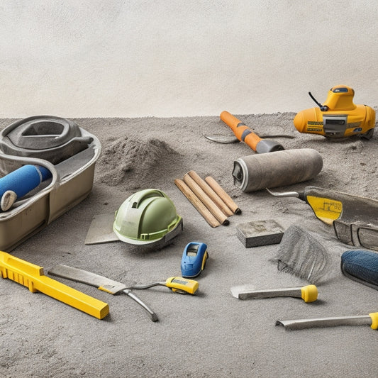 An image depicting a well-organized construction site with a mix of hand tools, including a spirit level, trowel, and edger, alongside a few power tools, like a plate compactor and concrete mixer, set against a backdrop of freshly laid concrete pavers.