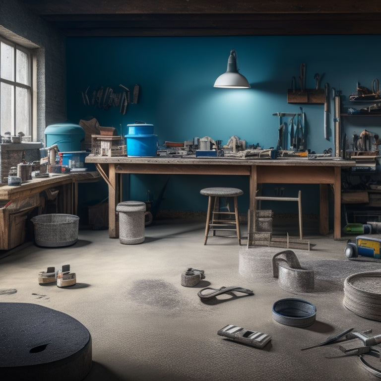 A cluttered workshop with concrete floor, surrounded by scattered tools: a wet grinder, trowel, edger, scraper, and polishing pads, with a partially sanded concrete floor in the background.