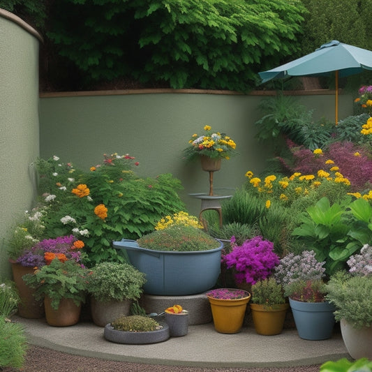 A serene backyard scene featuring a curved concrete garden wall with lush greenery and colorful flowers, surrounded by various affordable tools like a trowel, level, and mixing bucket.