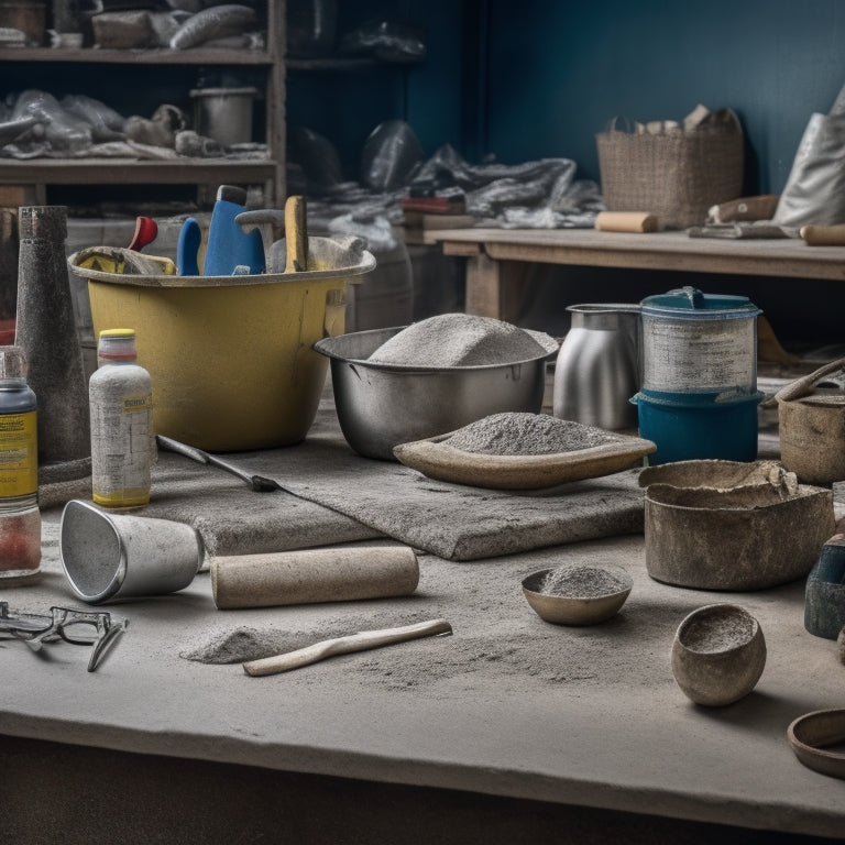 A cluttered workbench with a cracked concrete slab in the background, surrounded by various DIY tools such as trowels, mixing buckets, and safety goggles, with a few scattered concrete mix bags.