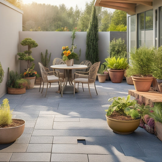 A split-level concrete patio with a prominent crack, surrounded by outdoor furniture and potted plants, with a toolbox and various repair tools scattered around, in a warm, sunny backyard setting.