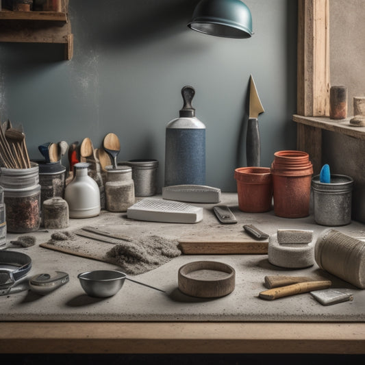 A cluttered workbench with various tools scattered across it, including a putty knife, scraper, trowel, measuring tape, and bucket of joint compound, surrounded by samples of textured concrete wall coverings.