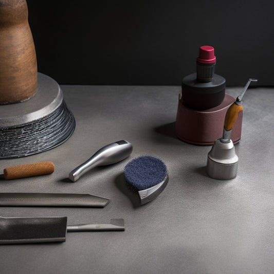 A close-up composition of various finishing tools, including a stainless steel trowel, a walk-behind grinder, and a handheld polisher, arranged on a polished concrete floor with subtle reflective sheen.