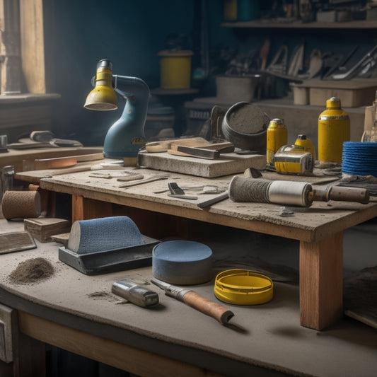 A cluttered workbench with various sanding tools scattered around, including an orbital sander, belt sander, and sanding blocks, surrounded by concrete dust and partially sanded concrete slabs.