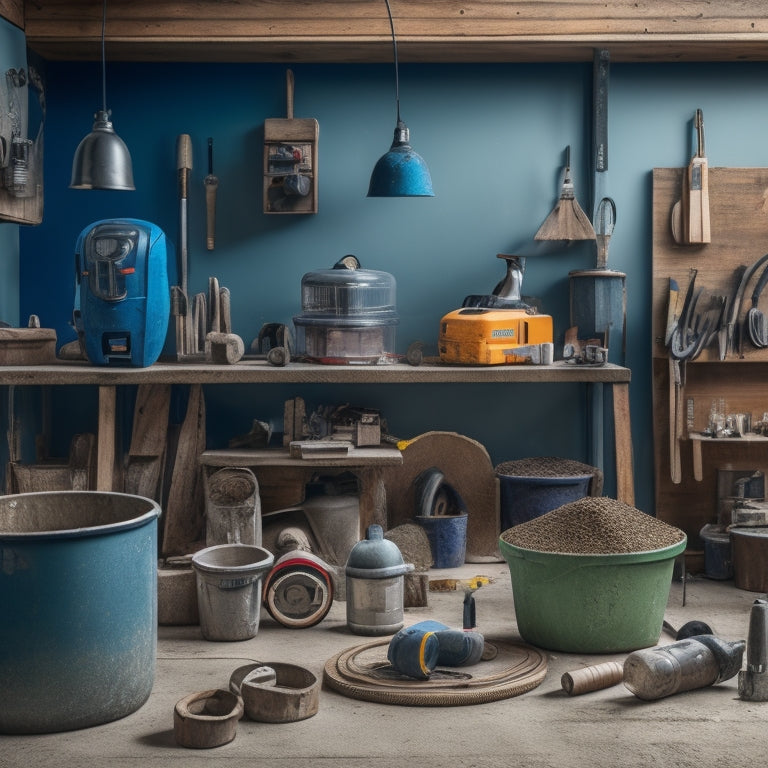 A cluttered but organized workshop with a concrete mixer, trowels, levels, safety goggles, and a variety of drills and saws, surrounded by half-finished concrete planters and a DIY patio project.