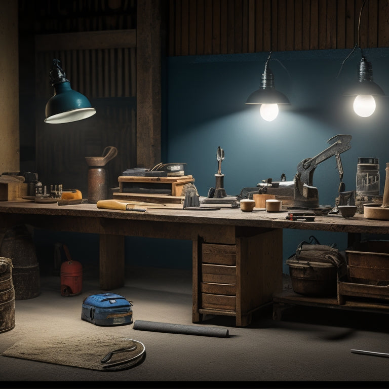 A well-lit workshop with a variety of tools, including a tamping tool, edger, and float, arranged on a workbench, amidst a backdrop of smoothed concrete surfaces with subtle texture and sheen.