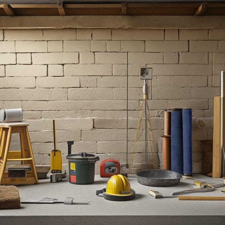 A clutter-free workshop background with a concrete block wall under construction, surrounded by various measuring tools including a level, tape measure, square, and caliper, with a few blocks and mortar nearby.