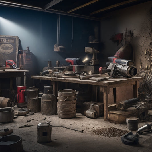 A cluttered workshop background with a concrete wall segment, various power tools like angle grinders, rotary hammers, and dustless sanders scattered around, and sparks flying from a grinder in use.