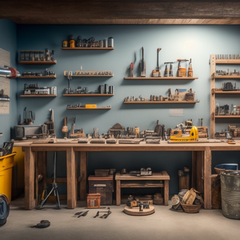 A well-organized workshop with a concrete wall in the background, featuring a variety of tools and equipment, including a trowel, level, and grinder, arranged on a workbench and shelves.