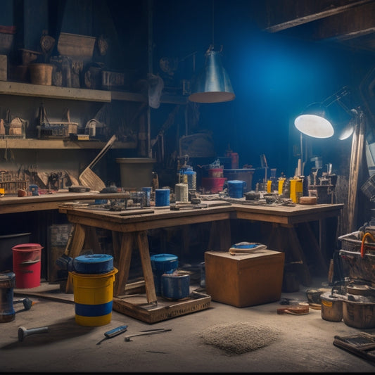 A well-lit, organized workshop with a variety of painting tools and equipment scattered across a concrete workbench, including rollers, brushes, sprayers, and buckets of paint.