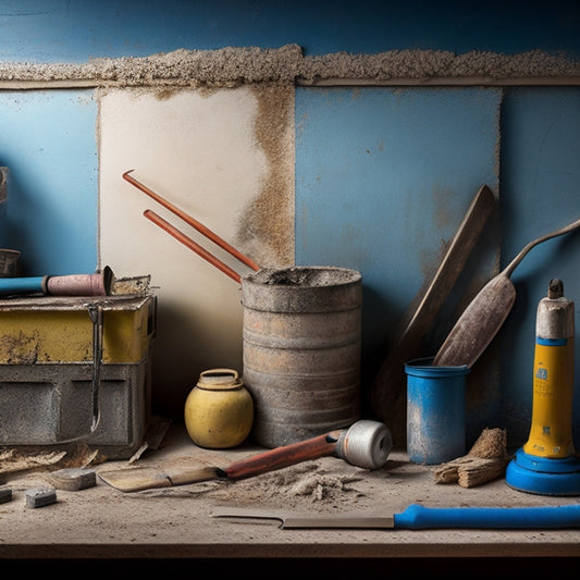 A worn, peeling concrete wall with remnants of old paint, surrounded by various tools and equipment, including a wire brush, scraper, and sanding block, amidst a backdrop of construction materials.