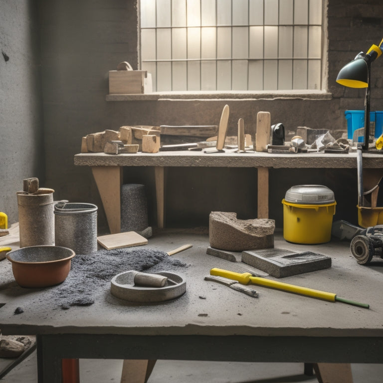 A cluttered workshop table with various concrete block construction tools scattered around, including a level, trowel, jointer, and block splitter, with a partially built concrete block wall in the background.