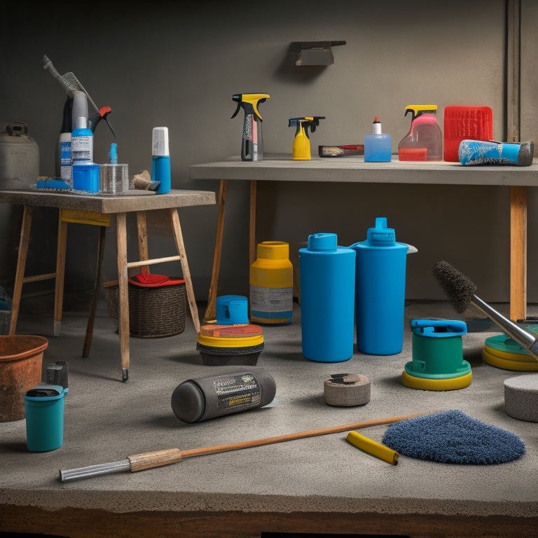 A cluttered workshop table with various DIY concrete sealant application tools, including a roller extension pole, a microfiber mop, a sprayer, and a brush, surrounded by concrete slabs and sealant containers.